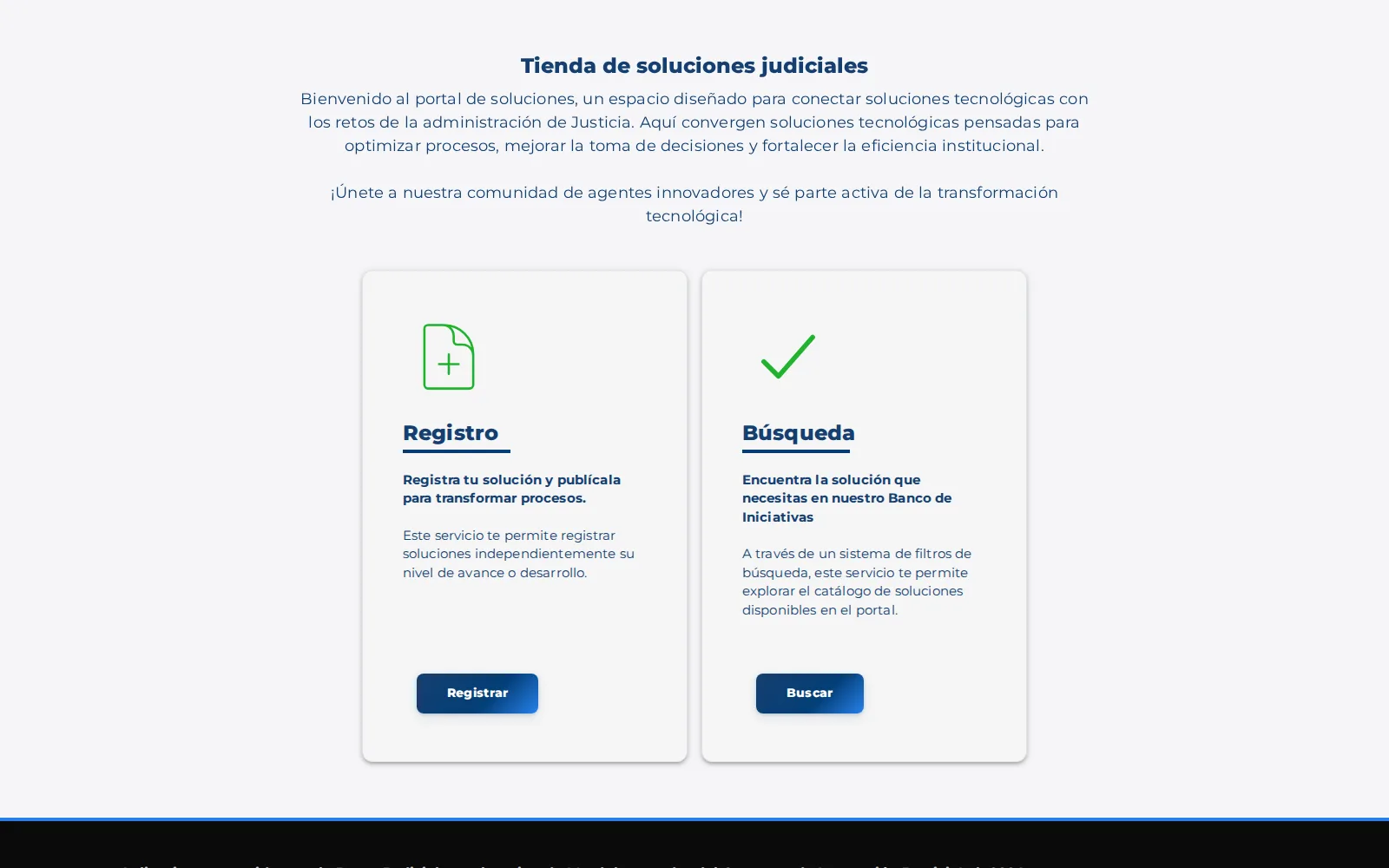 La portada de la demo: la presentación de la tienda de soluciones judiciales y las tarjetas Registro y Búsqueda